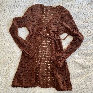 Y2k vintage boho crochet brown flared cardigan sweater